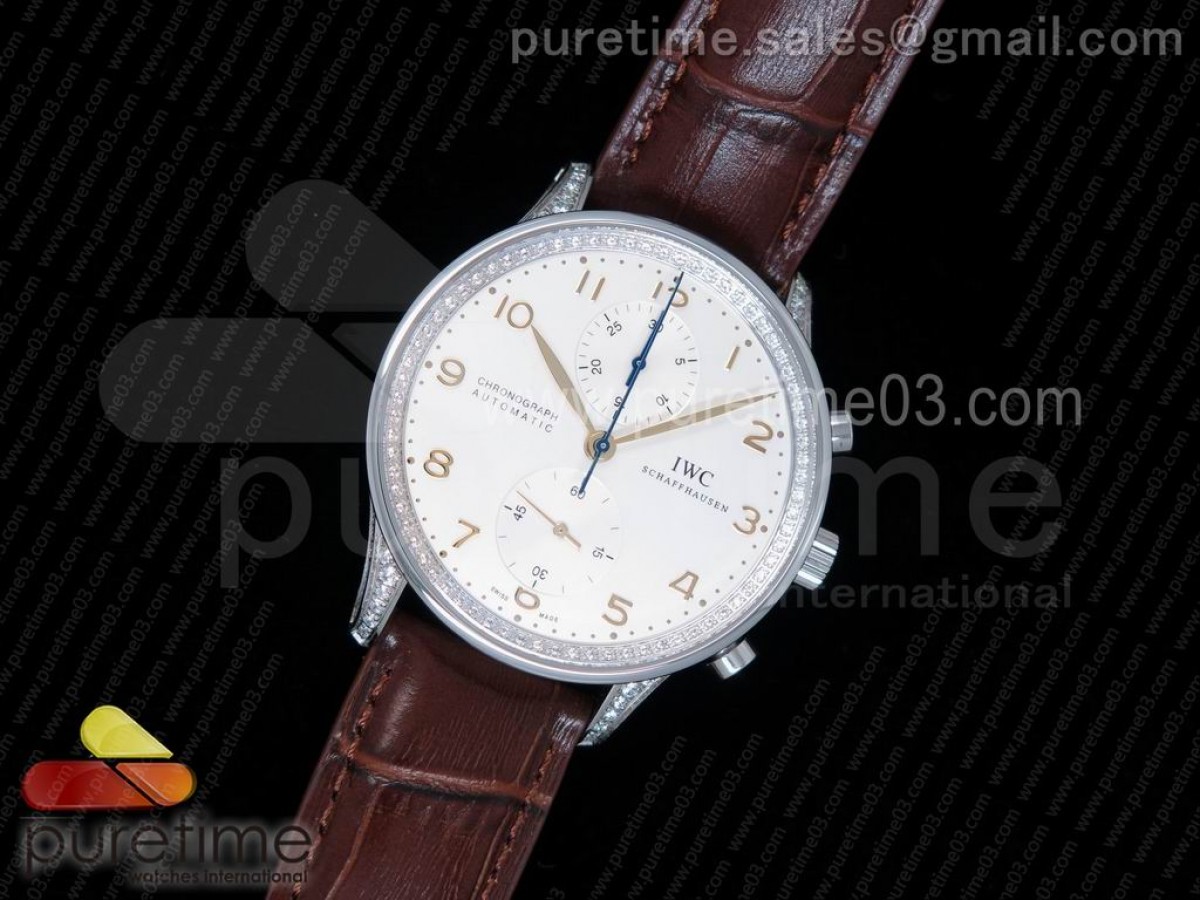 ZF공장 IWC 포르투기저 371480 크로노 다이아몬드베젤 / 가죽 Portuguese Chrono SS IW371480 ZF 1:1 Full Paved Diamonds Best Edition on Brown Leather Strap A7750 (Same Thickness as Genuine)
