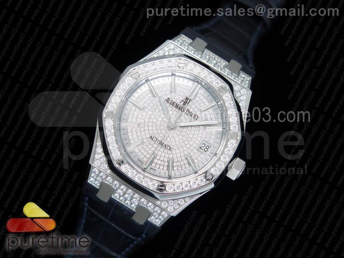 JF공장 오데마피게 로얄오크 37MM 풀 다이아몬드 다이아몬드다이얼  / 가죽 Royal Oak 37mm 15452 SS Full Paved Diamonds JF 1:1 Best Edition Diamonds Dial on Blue Leather Strap A3120