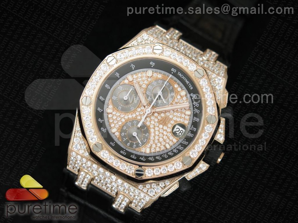 JF공장 오데마피게 로얄오크 풀다이아몬드 로즈골드 / 가죽 Royal Oak Offshore RG Full Paved Diamonds JF Best Edition on Black Leather Strap A7750