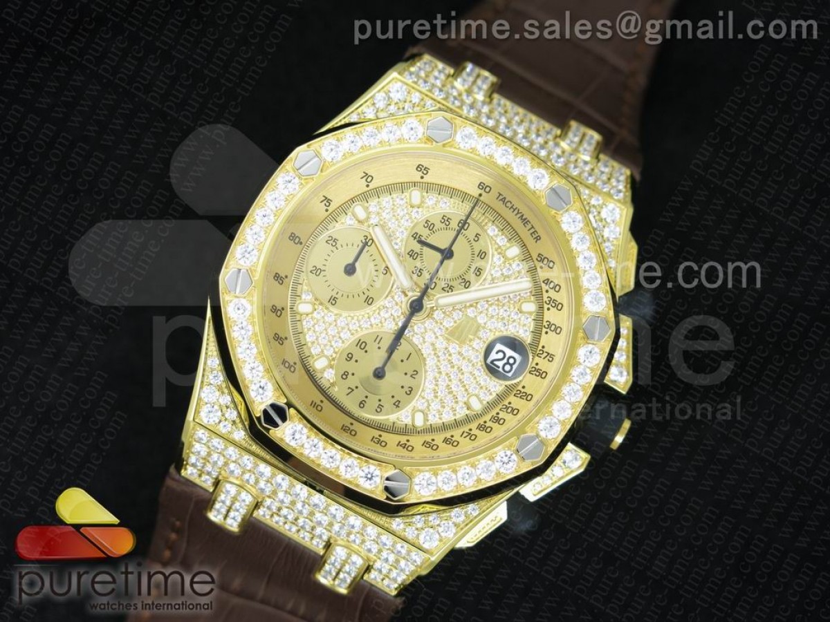 JF공장 오데마피게 로얄오크 풀다이아몬드 옐로우골드 / 가죽 Royal Oak Offshore YG Full Paved Diamonds JF Best Edition on Brown Leather Strap A7750