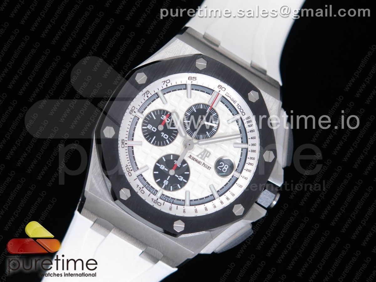 JF공장 오데마피게 로얄오크 오프쇼어 44MM 블랙세라믹베젤 / 화이트러버스트랩 Royal Oak Offshore 44mm SS Updated Black Ceramic Bezel JF 1:1 Best Edition on White Rubber Strap A3126