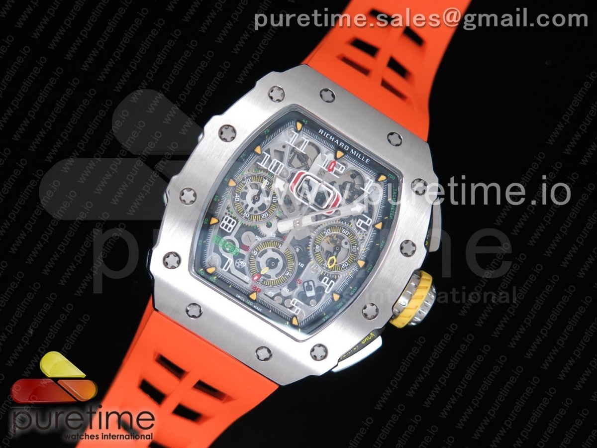 KV공장 프랭크뮬러 RM11-03 크리스탈 스켈레톤 다이얼 / 러버스트랩 RM11-03 SS KVF 1:1 Best Edition Crystal Skeleton Dial on Orange Racing Rubber Strap A7750