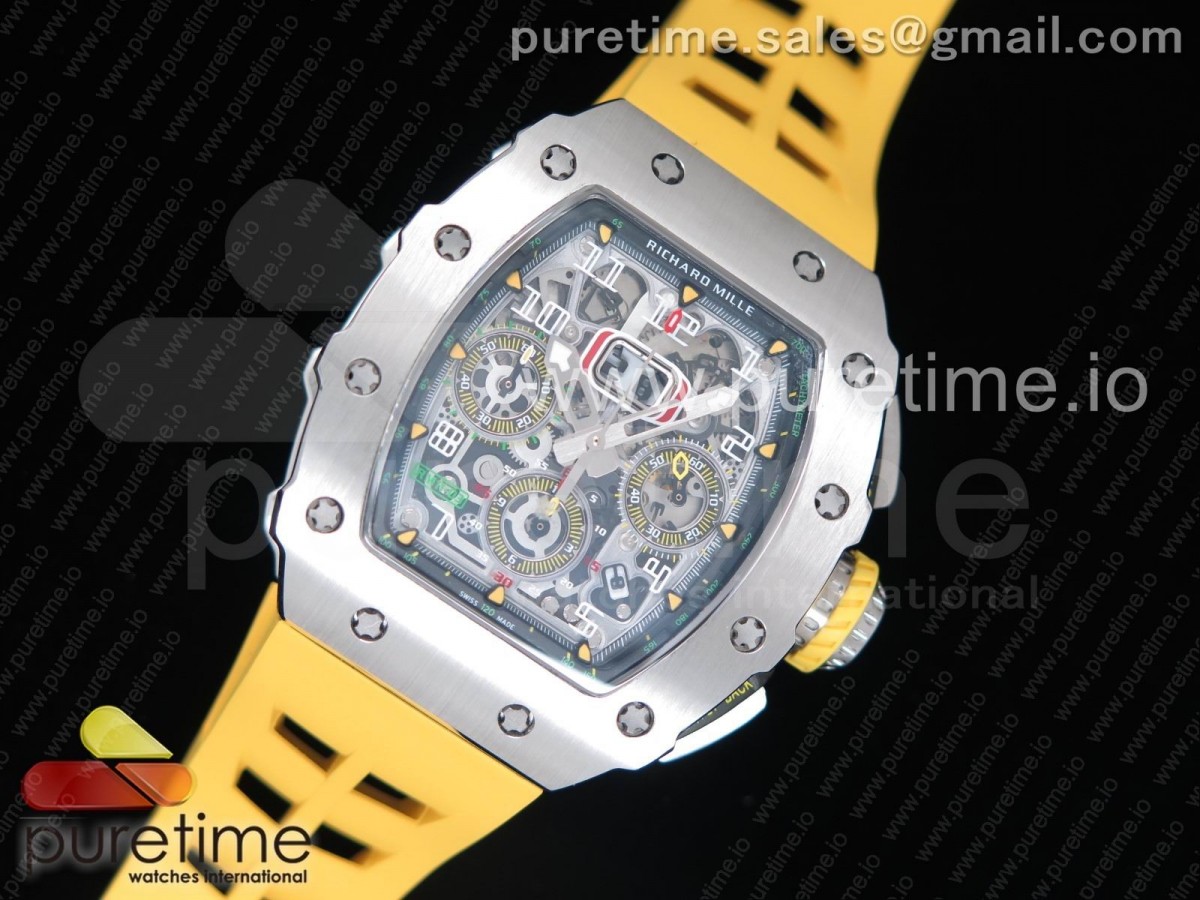 KV공장 프랭크뮬러 RM11-03 크리스탈 스켈레톤 다이얼 / 러버스트랩 RM11-03 SS KVF 1:1 Best Edition Crystal Skeleton Dial on Yellow Racing Rubber Strap A7750
