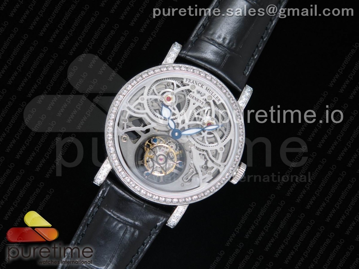 프랭크뮬러 기가 뚜르비옹 스켈레톤 다이얼 다이아몬드베젤 / 가죽 Giga Tourbillon SS Skeleton Dial Diamonds Bezel on Black Leather Strap