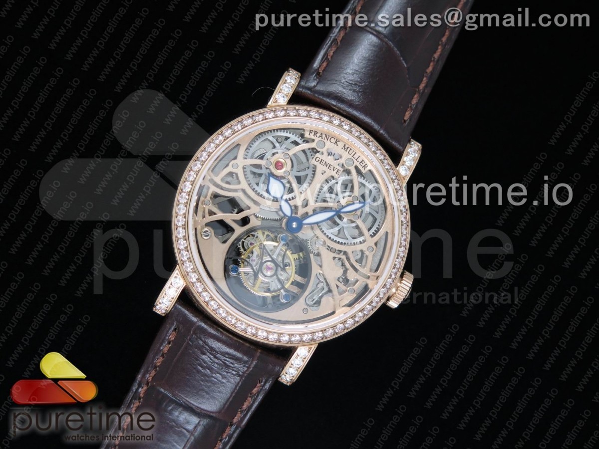 프랭크뮬러 기가 뚜르비옹 스켈레톤 다이얼 로즈골드 다이아몬드베젤 / 가죽Giga Tourbillon RG Skeleton Dial Diamonds Bezel on Brown Leather Strap