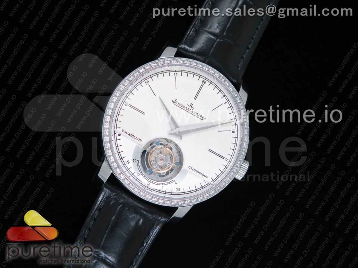 예거 르쿨트르 마스터 그랜드 뚜르비옹 Master Grand Tourbillon SS White Dial Diamonds Bezel on Black Leather Strap