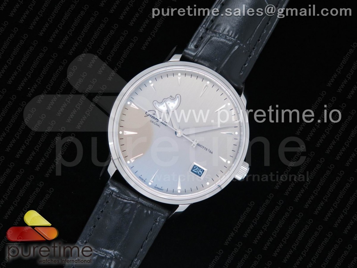 TW공장 글라슈테 오리지널 엑설런스 파노라마데이트 문페이즈 / 가죽  Excellence Panorama Date Moon Phase SS TWF Gray Dial on Black Leather Strap A100