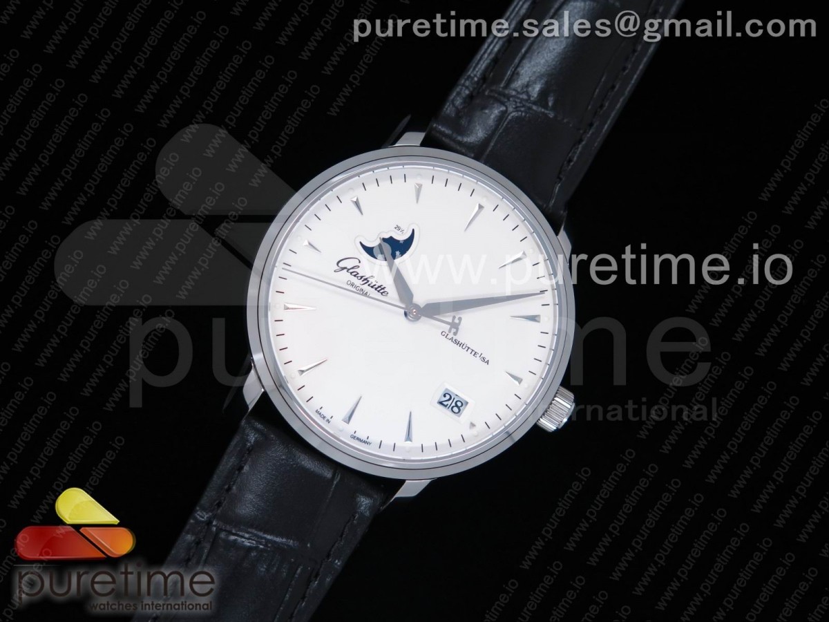 TW공장 글라슈테 오리지널 엑설런스 파노라마데이트 문페이즈 / 가죽  Excellence Panorama Date Moon Phase SS TWF Blue Dial on Black Leather Strap A100