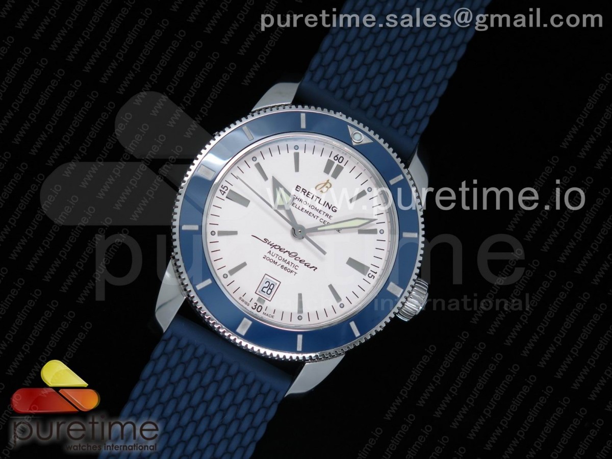 OM공장 브라이틀링 슈퍼오션 헤르티지 2 + 러버밴드 SuperOcean Heritage ii 42mm SS OMF 1:1 Best Edition White Dial Blue Bezel on Blue Rubber Strap A2824 (Free Rubber Strap)