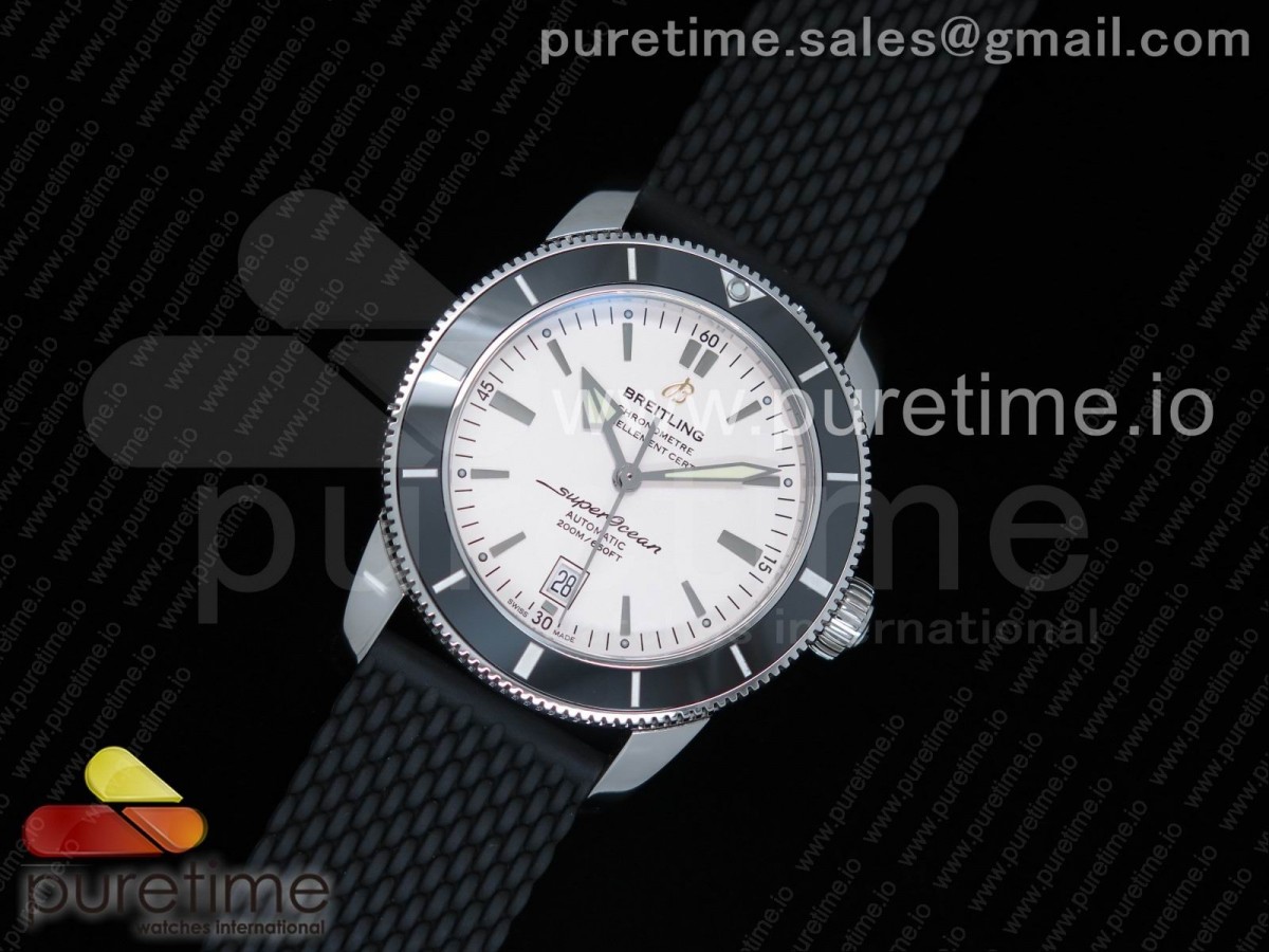 OM공장 브라이틀링 슈퍼오션 헤르티지 2 + 러버밴드 SuperOcean Heritage ii 42mm SS OMF 1:1 Best Edition White Dial Black Bezel on Black Rubber Strap A2824 (Free Rubber Strap)