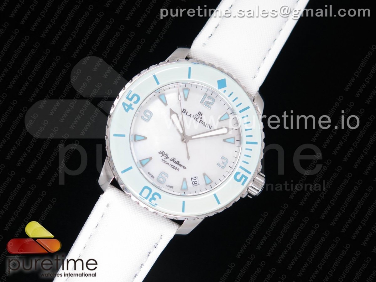 WT공장 블랑팡 패프티패덤즈 화이트 블루 Fifty Fathoms White/Blue WTF Best Edition White Dial on White Sail-canvas Strap A1315