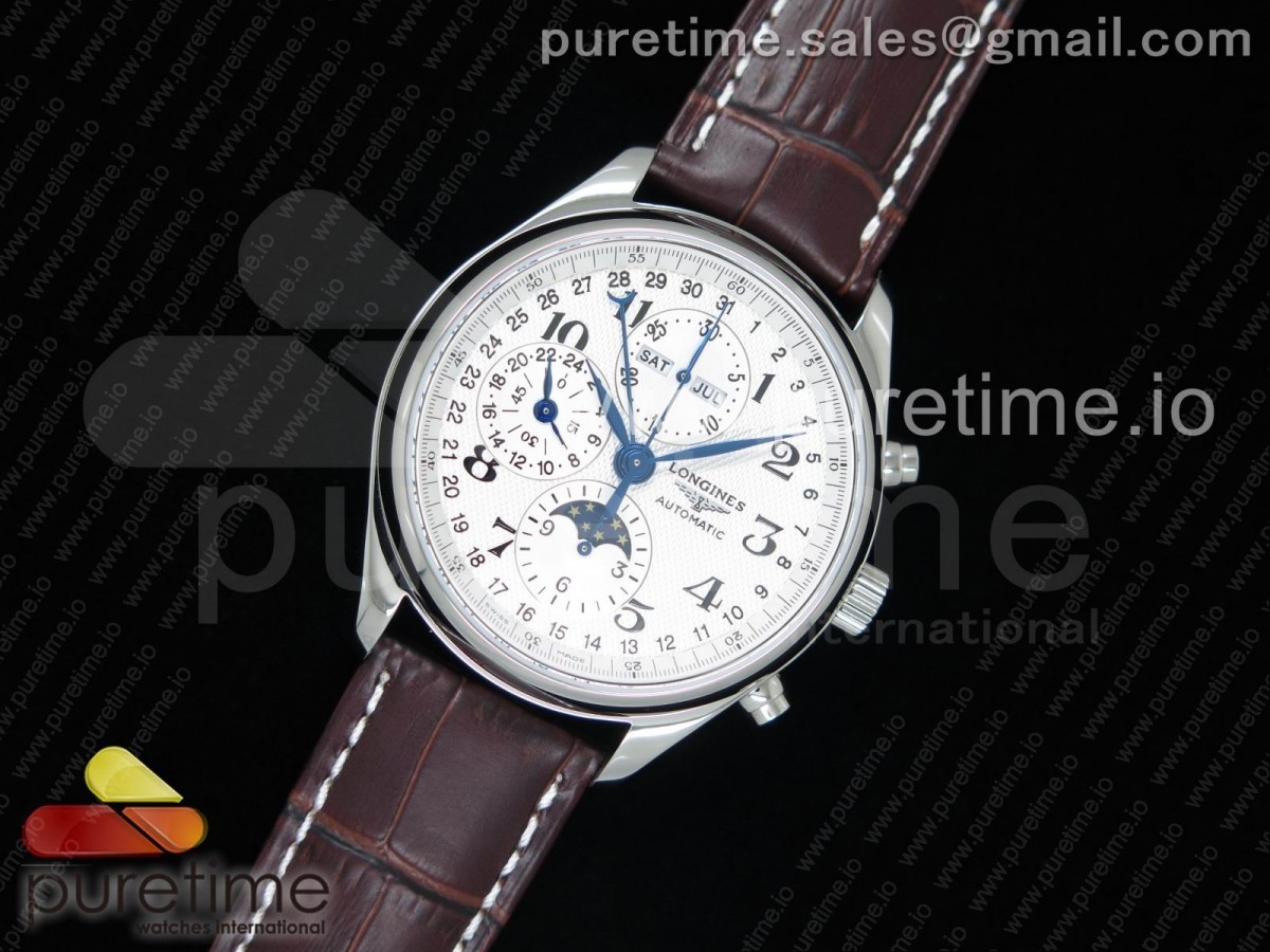GS공장 론진 문페이즈 크로노 가죽 Master Moonphase Chronograph SS GSF 1:1 Best Edition White Dial on Brown Leather Strap A7751