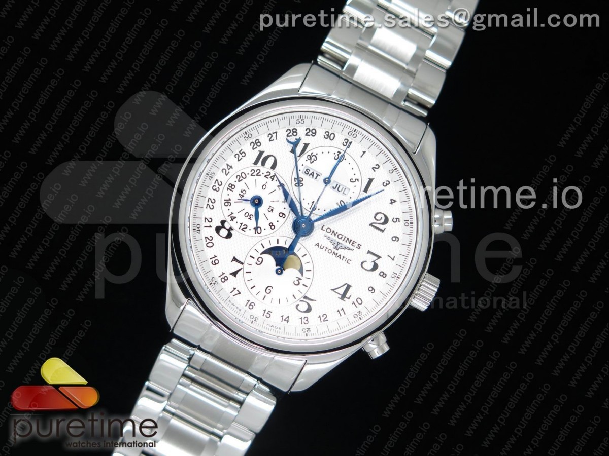 GS공장 론진 문페이즈 크로노 브슬 Master Moonphase Chronograph SS GSF 1:1 Best Edition White Dial on SS Bracelet A7751