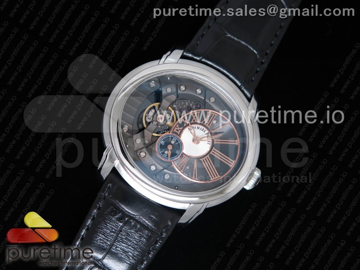 V9공장 오데마피게 밀레너리 Millennium Series 15350 SS V9F 1:1 Best Edition Black/White Skeleton Dial on Black Leather Strap A4101