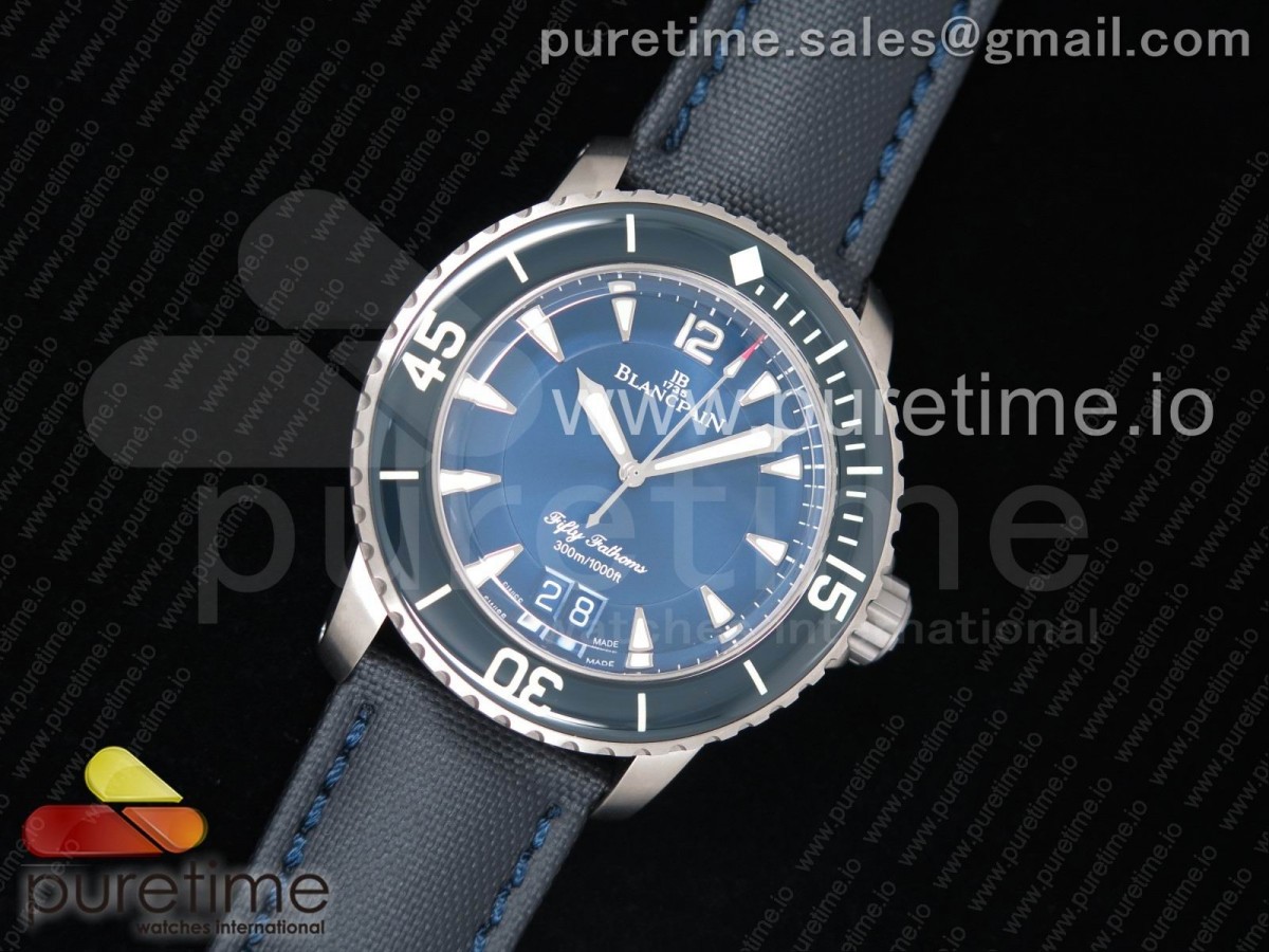 HG공장 블랑팡 피프티패텀즈 Fifty Fathoms Grande Date Blue Titanium HGF Best Edition Blue Dial on Sail-canvas Strap A23J