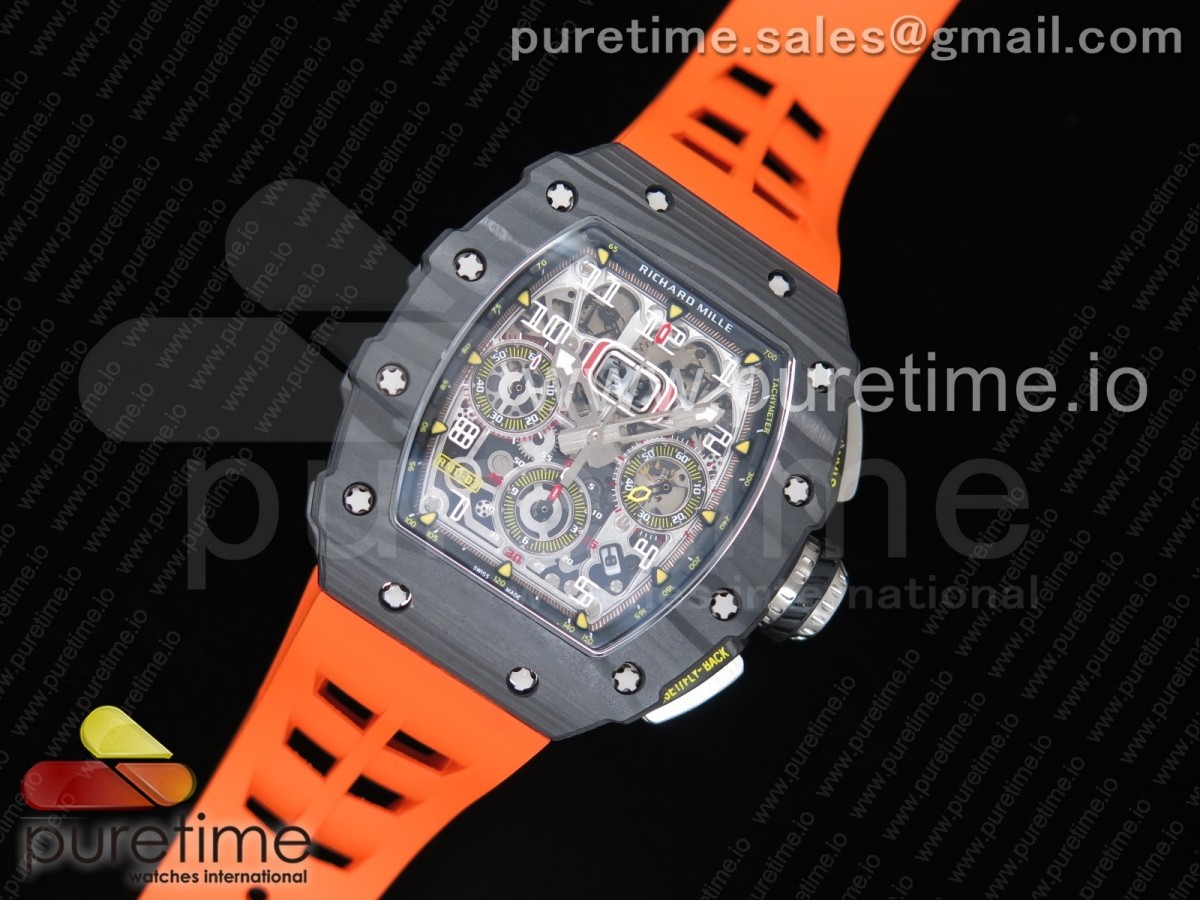 KV공장 리차드밀 RM011 카본 케이스 크로노 RM011 Carbon Case Chrono KVF 1:1 Best Edition Crystal Skeleton Yellow Dial on Orange Racing Rubber Strap A7750