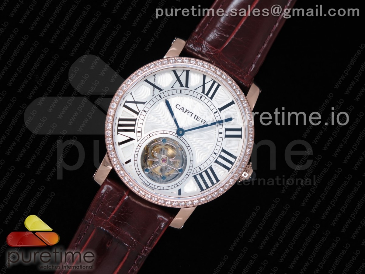 BL공장 까르띠에 로통드 투어빌론 Rotonde Flying Tourbillon RG BLF Best Edition White Dial Diamonds Bezel on Brown Leather Strap V2