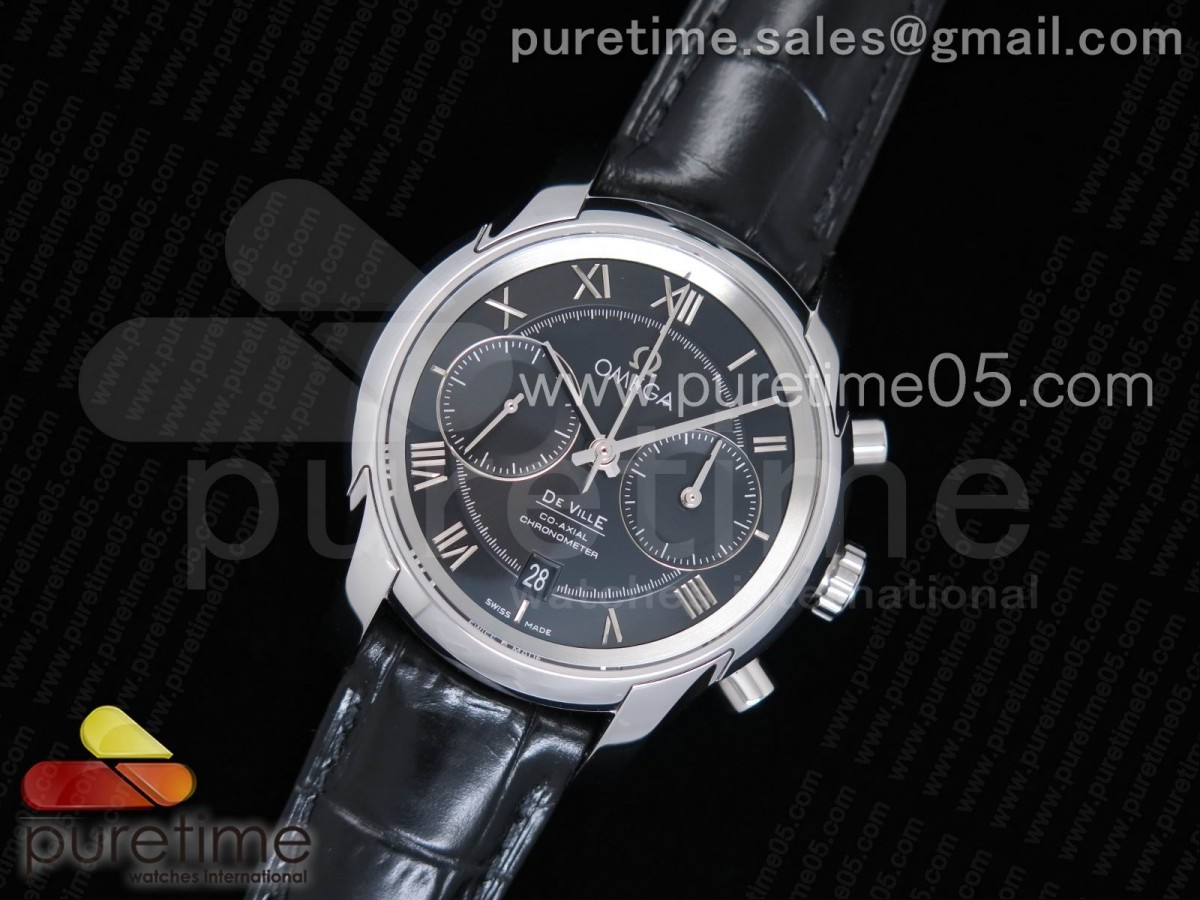 OM공장 오메가 드빌  크로노그래프 42MM 블랙 다이얼 가죽  De Ville Chronograph 42mm SS OMF 11 Best Edition Black Dial on Black Leather Strap A9300 (Black Balance Wheel)