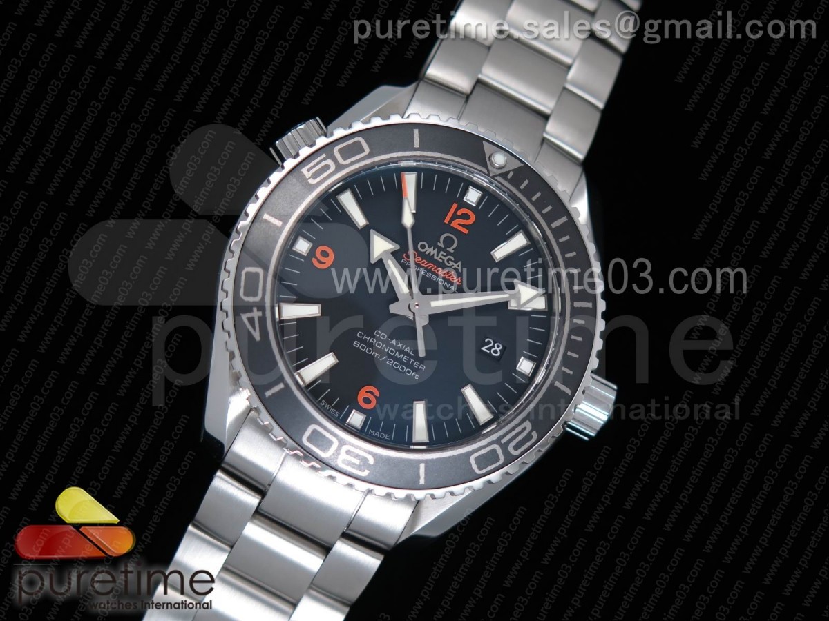OM공장 오메가 플래닛오션 45mm 블랙다이얼 세라믹베젤 오렌지 / 브슬  Planet Ocean Professional Ceramic Bezel 45mm 11 OMF Best Edition Orange Marker on SS Bracelet A8500 (Black Balance Wheel)