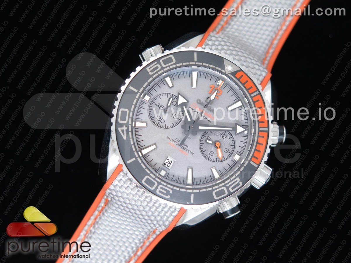 OM공장 오메가 플래닛오션 오렌지 그레이 다이얼 / 그레이 나토스트랩  Planet Ocean Master Chronometer OMF SS BlackOrange Polished Bezel Gray Dial on Gray Nylon Strap A9900 (Black Balance Wheel) V2