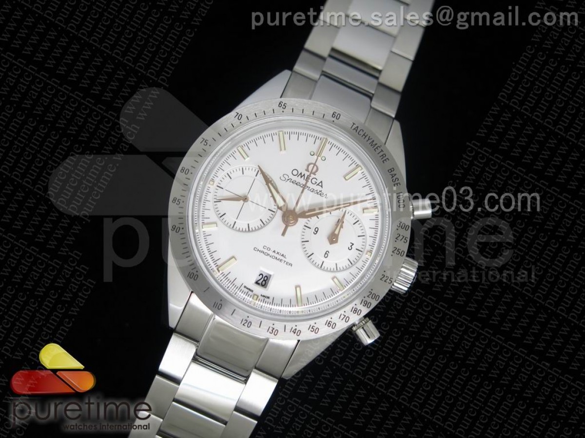 OM 공장 오메가 스피드마스터 화이트골드 다이얼 브라운 핸즈 / 브슬  Speedmaster '57 Co-Axial OMF 11 Best Edition WhiteRG Dial on SS Bracelet A9300 (Black Balance Wheel)