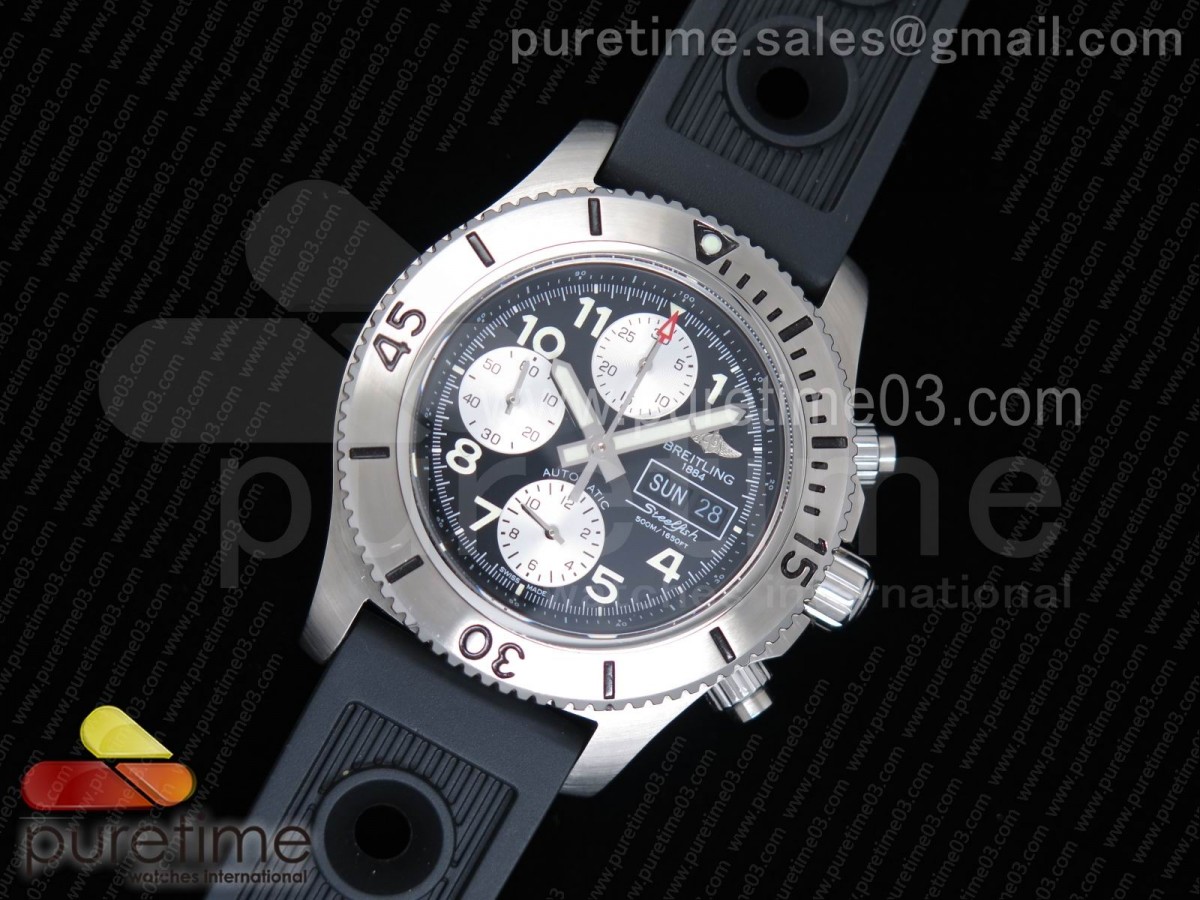 브라이틀링 슈퍼오션 스틸피쉬 크로노그래프 블랙화이트다이얼 / 블랙러버 스트랩  SuperOcean SteelFish Chronograph SS Black/White Dial on Black Rubber Strap A7750