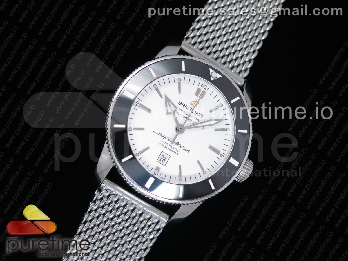 브라이틀링 슈퍼오션 헤르티지 2 46mm 화이트다이얼 세라믹베젤 / 브슬  SuperOcean Heritage ii 46mm SS White Dial Black Ceramic Bezel on SS Mesh Bracelet A2824