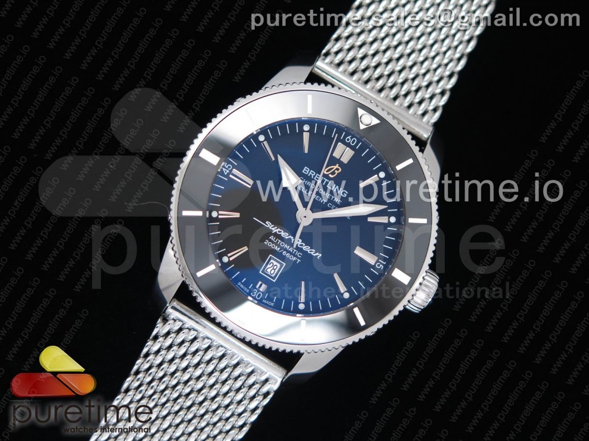 브라이틀링 슈퍼오션 헤르티지 2 46mm 블랙다이얼 세라믹베젤 / 브슬  SuperOcean Heritage ii 46mm SS Black Dial Black Ceramic Bezel on SS Mesh Bracelet A2824