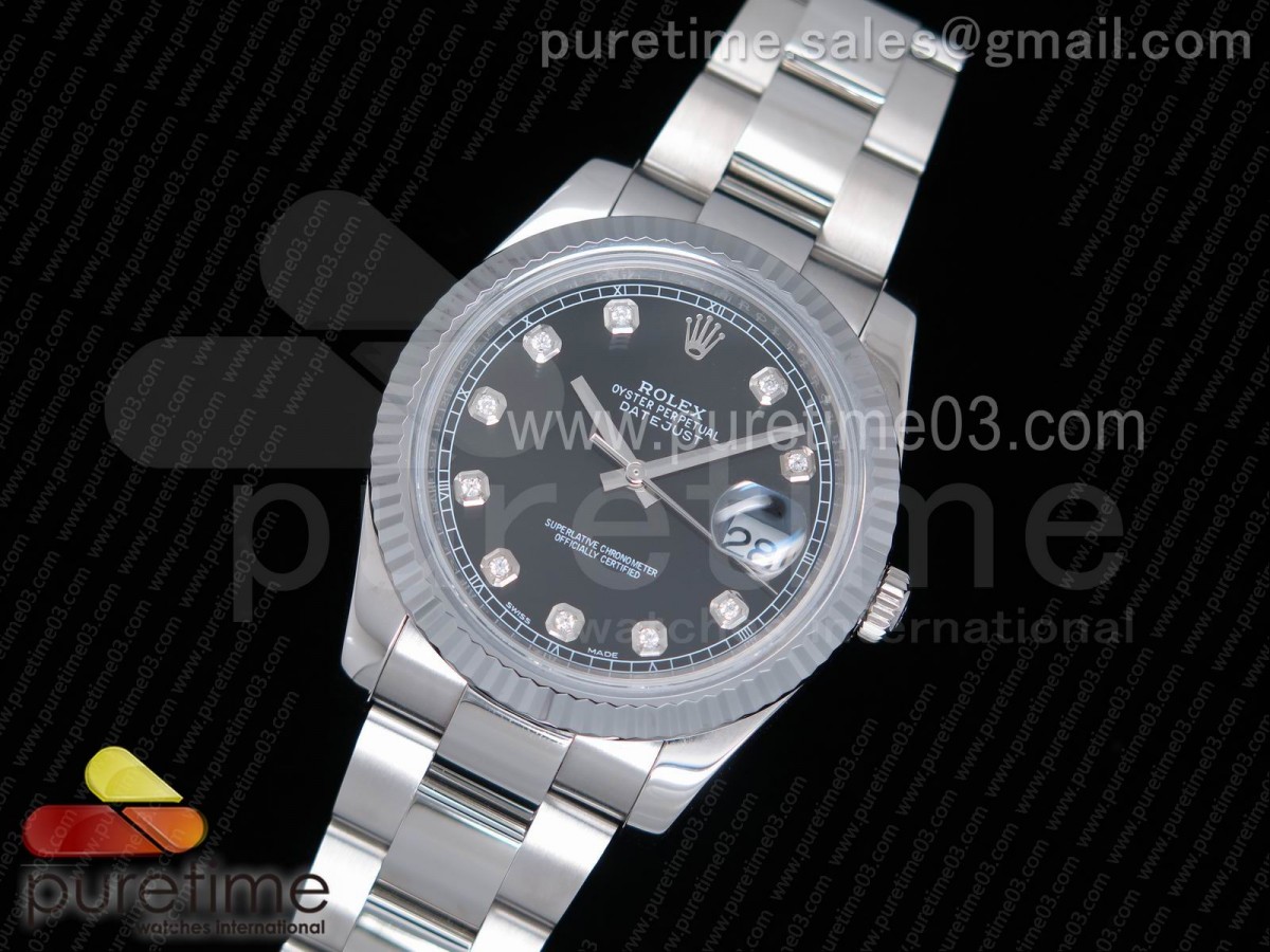 눕공장 데이저스트 41 블랙 다이얼 다이아 인덱스 오이스터 브레이슬릿 DateJust 41 126334 Noob 1:1 Best Edition Fluted Bezel Black Dial Diamonds Markers on SS Oyster Bracelet A3235