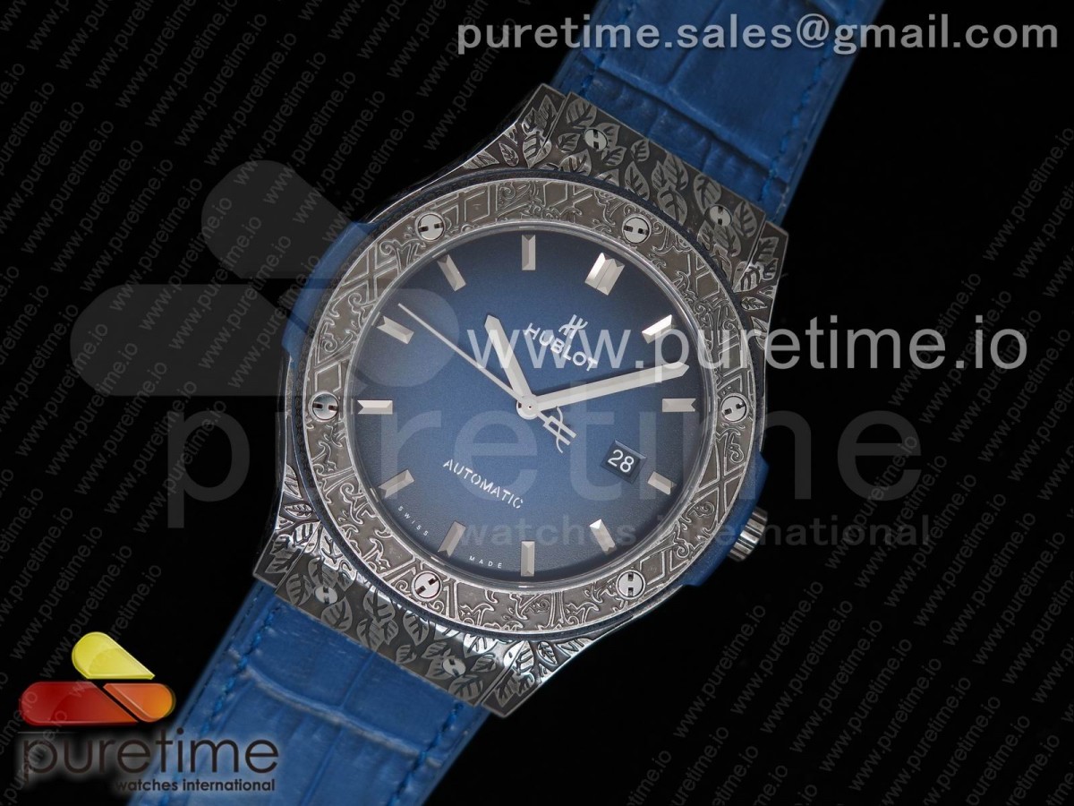 SR공장 위블로 클래식퓨전 45MM 블루다이얼 가죽 스트랩Classic Fusion 45mm SS Engravings Case SRF Best Edition Blue Dial on Blue Gummy Strap A2892 (Free box)