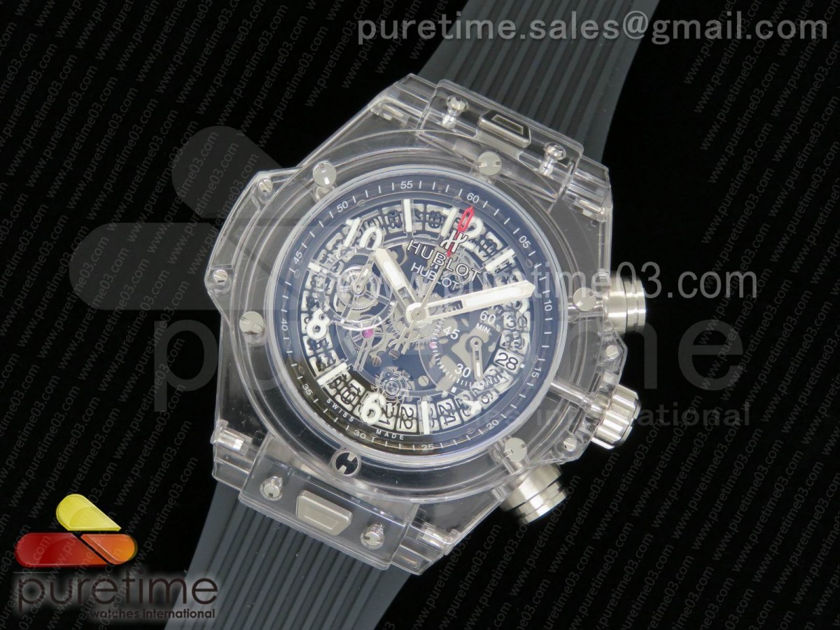 위블로 빅뱅 유니코 사파이어 스켈레톤 다이얼 그레이 고무 스트랩 Big Bang Unico Sapphire Plastic Case Skeleton Dial on Gray Rubber Strap Jap Quartz