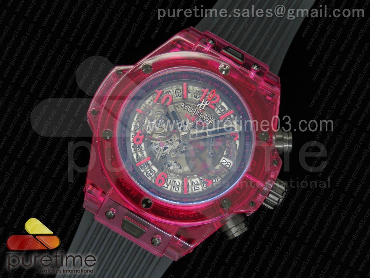 위블로 빅뱅 유니코 퍼플 스켈레톤 다이얼 블랙 러버 스트랩Big Bang Unico Purple Sapphire Plastic Case Skeleton Dial on Black Rubber Strap Jap Quartz