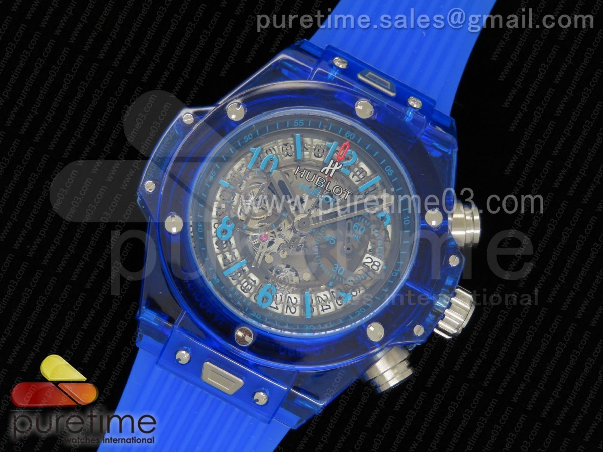 빅뱅 유니코 블루 사파이어 스켈레톤 다이얼 블루 러버 스트랩Big Bang Unico Blue Sapphire Plastic Case Skeleton Dial on Blue Rubber Strap Jap Quartz