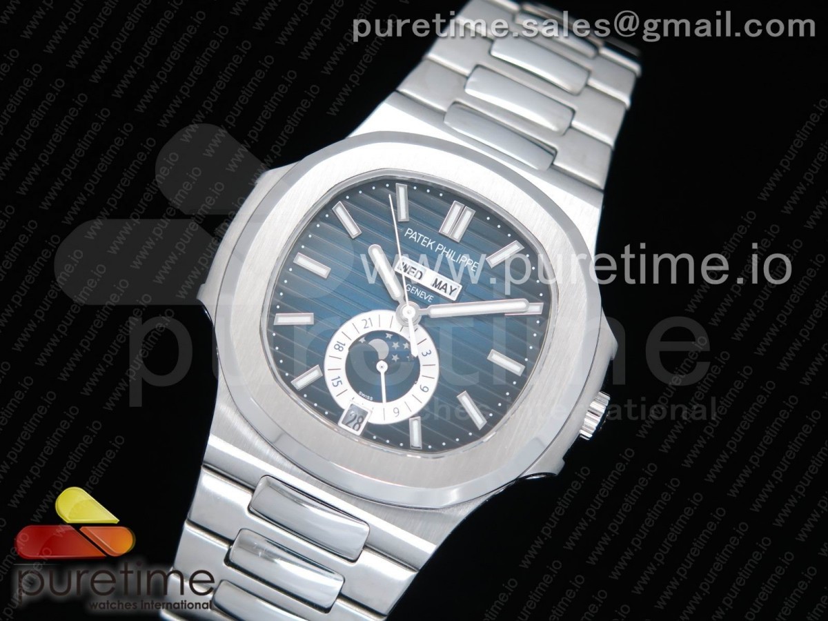 KM공장 파텍피립 노틸러스 5726 블루 텍스처드 다이얼 브레이슬릿 Nautilus 5726 Complicated SS KMF Best Edition Blue Textured Dial on SS Bracelet A324 V2