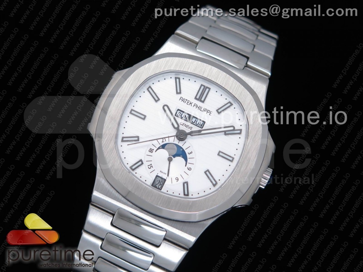 KM공장 파텍필립 노틸러스 5726 화이트 텍스처드 다이얼 브레이슬릿 Nautilus 5726 Complicated SS KMF Best Edition White Textured Dial on SS Bracelet A324 V2