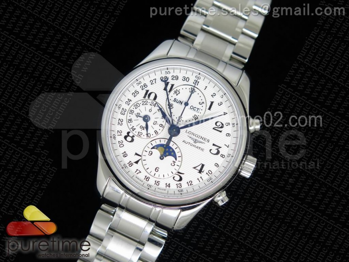 YL공장 론진 마스터 문페이스 42MM 크로노그래프 화이트 다이얼 브레이슬릿 Master Moonphase Chronograph SS YLF 1:1 Best Edition White Dial on SS Bracelet A7751