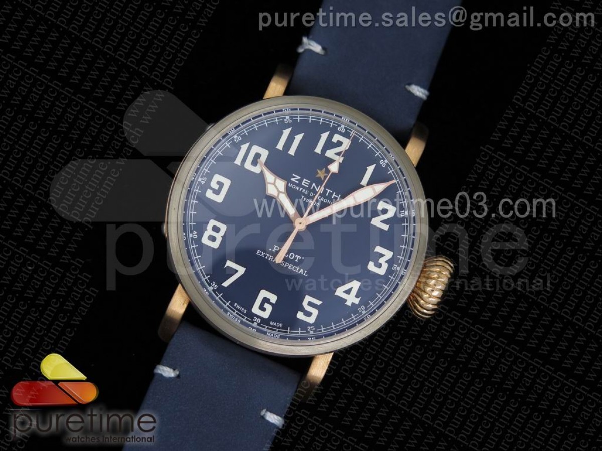 XF공장 제니스 파일럿 타임 브론즈 캘리포니아 블루 레더 스트랩 Pilot Type 20 Bronze XF 1:1 California Special Edition on Blue Leather Strap A2824