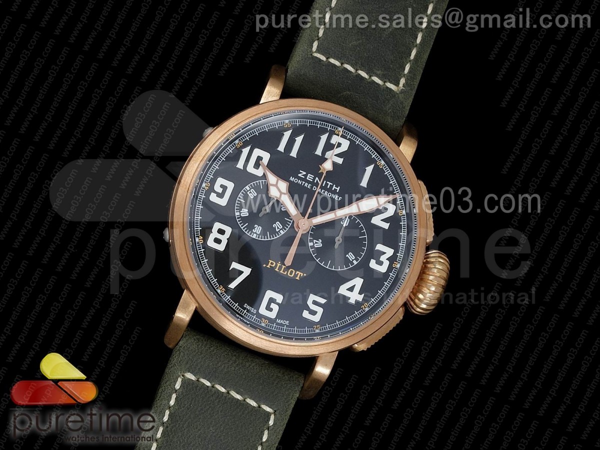 XF공장 제니스 파일럿 타임 크로노그래프 그린 스웨이드 스트랩  Pilot Type 20 Chronograph Extra Special XF 1:1 Best Edition Real Bronze Case on Green Nubuck Strap A7750