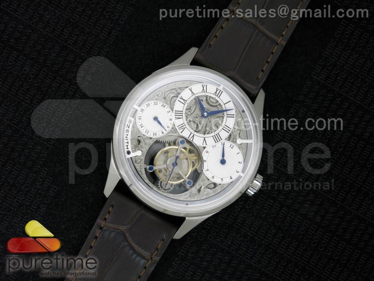 AX공장 제니스 엘프리메로 뚜르비옹 화이트 스켈레톤 다이얼 브라운 레더 스트랩  El Primero Tourbillon SS AXF White Skeleton Dial on Brown Leather Strap