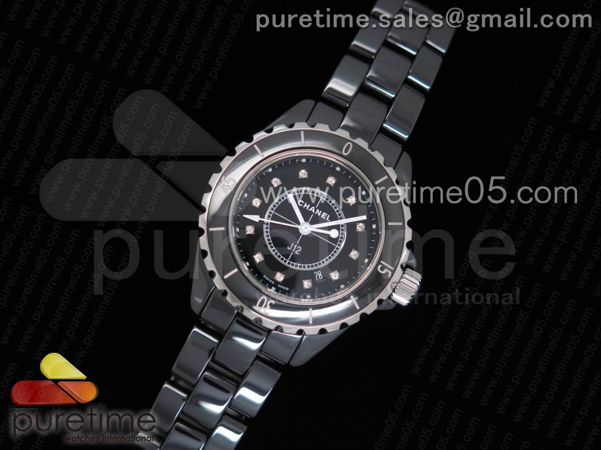KOR공장 J12 33MM  여성용 블랙 세라믹 블랙 다이아몬드 인덱스33mm KOR 1:1 Best Edition Black Korea Ceramic Black Dial Diamonds Markers on Bracelet Swiss Quartz