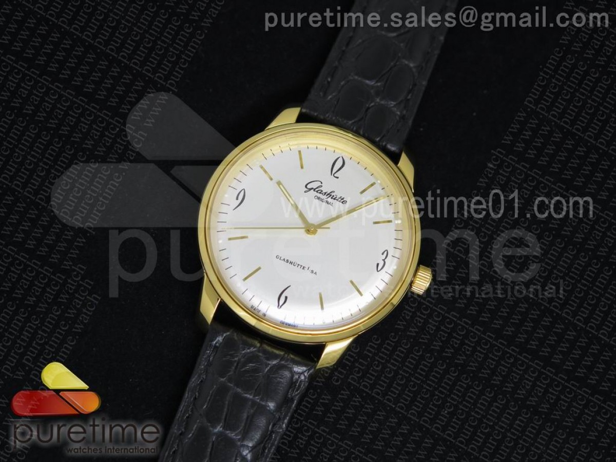 글라슈테 세너터 오토매틱 옐로우골드 화이트 다이얼 Senator Automatic YG White Dial on Black Leather Strap A3959