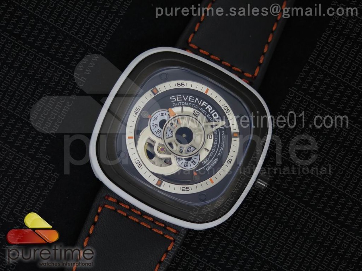 세븐프라이데이 P3-3 화이트 / 블랙 다이얼 블랙 레더 스트랩 SevenFriday P3-3 White/Black Dial on Black Leather Strap Miyota 82S7