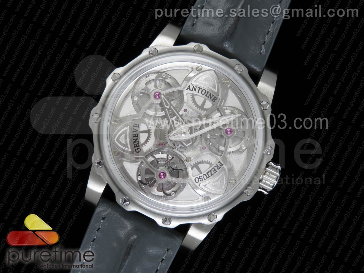 앙트완 프레지우소 뚜르비옹 오브 뚜르비옹 스켈레톤 다이어 Tourbillon of Tourbillons SS Skeleton Dial on Gray Leather Strap Miyota Movement
