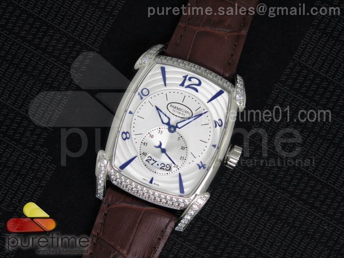 파르마지아니 칼파 그란데 화이트 다이얼 블루 마커스 다이아몬드 베젤 Kalpa Grande SS White Dial Blue Markers Diamonds Bezel on Brown Leather Strap A23J