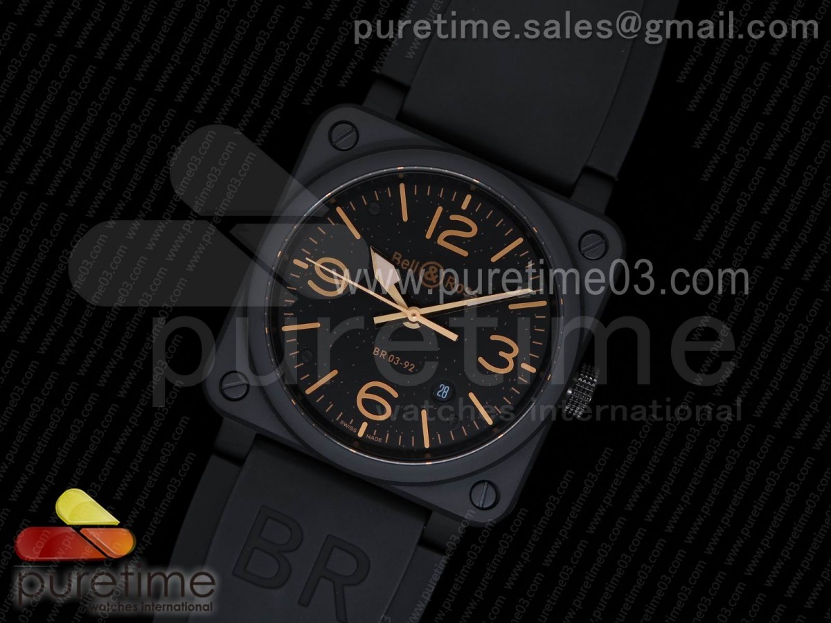 벨엔로스 03-92 블랙 다이얼 골드 메탈 마커스 블랙 러버 스트랩 BR 03-92 PVD Black Dial Gold Metal Markers on Black Rubber Strap MIYOTA 9015