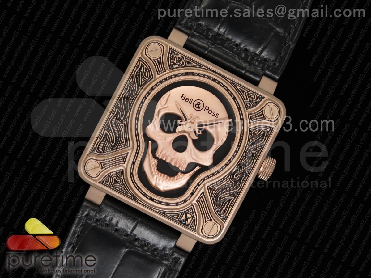 벨엔로스 로즈골드 버닝 스컬 타투 로즈골드 다이얼 블랙 레더 스트랩 Bell & Ross BR01 RG Burning Skull ‘Tattoo’ Watch RG Dial on Black Leather Strap MIYOTA 9015