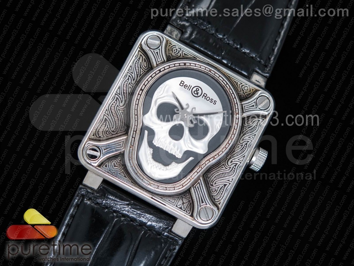 벨엔로스 BR01 실버 케이스 버닝 스컬 타투 실버 다이얼 블랙 레더 스트랩 Bell & Ross BR01 Silver Case Burning Skull ‘Tattoo’ Watch Silver Dial on Black Leather Strap MIYOTA 9015