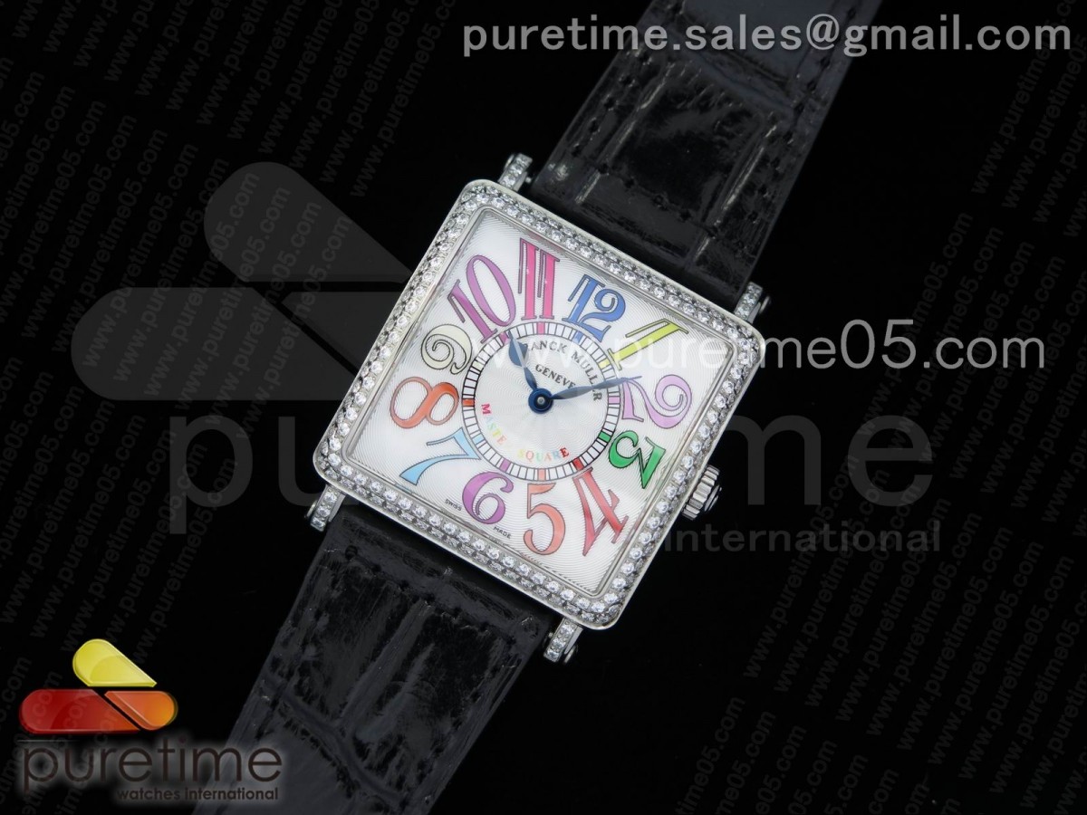 GF공장 프랭크뮬러 마스터 스퀘어 레이디스 화이타 컬러 마커스 다이얼 다이아몬드 베젤 Master Square SS Ladies GF 1:1 Best Edition White Color Markers Dial Diamonds Bezel on Black Leather Strap Swiss Quartz