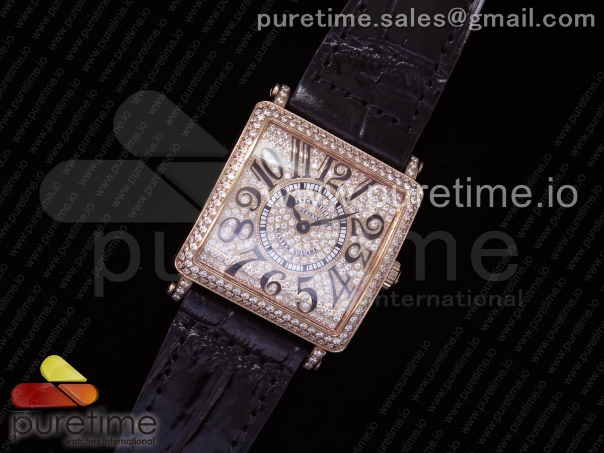GF공장 프랭크뮬러 마스터 스퀘어 로즈골드 레이디스 풀 파베 다이아몬드 Master Square RG Ladies GF 1:1 Best Edition Full Paved Diamonds on Brown Leather Strap Swiss Quartz