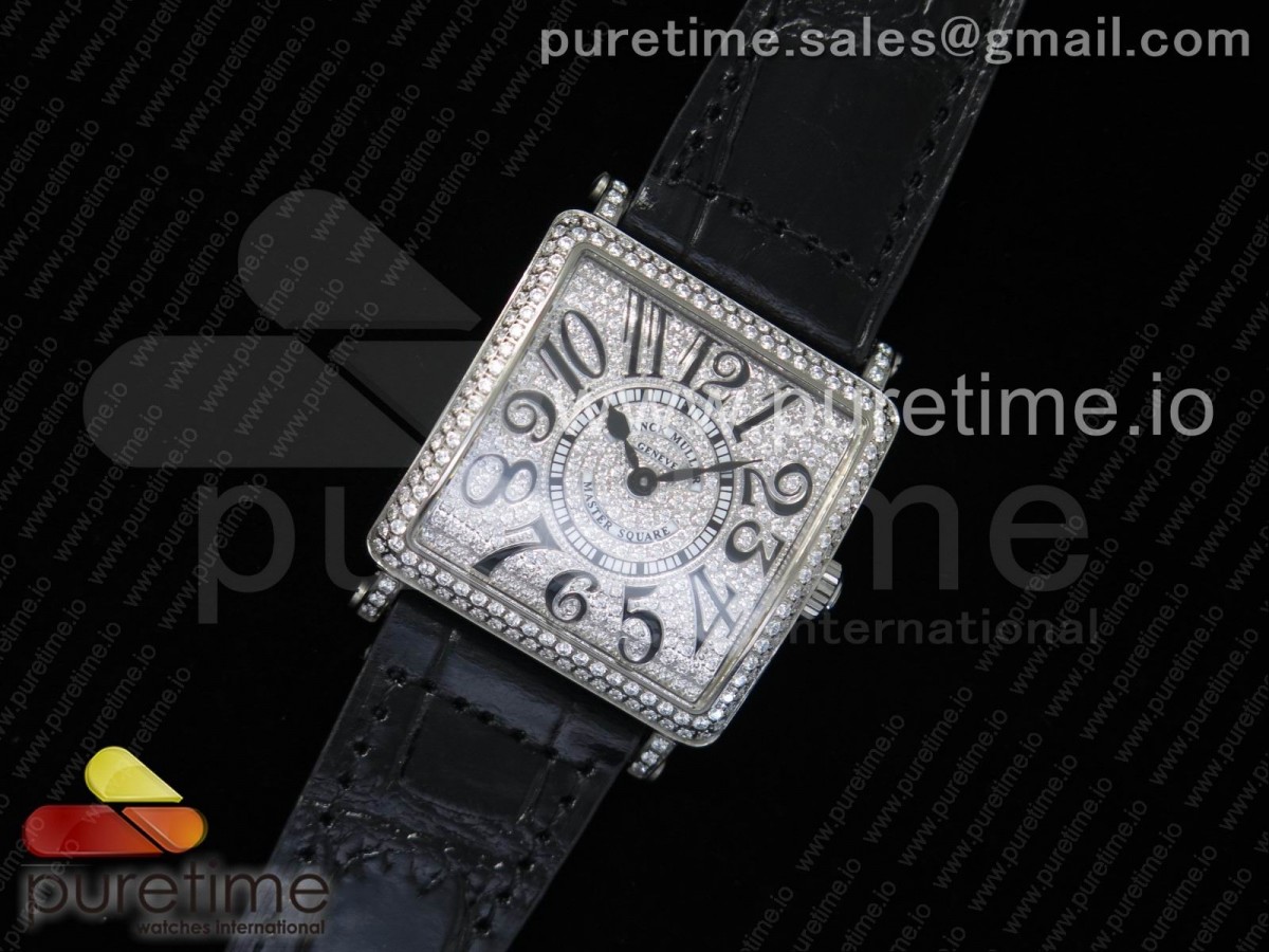 GF공장 프랭크뮬러 마스터 스퀘어 레이디스 풀 파베 다이아몬드 Master Square SS Ladies GF 1:1 Best Edition Full Paved Diamonds on Black Leather Strap Swiss Quartz